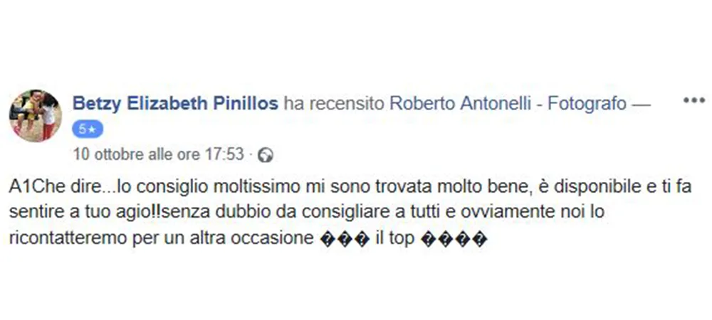Recensione cliente fotografo professionista Roma